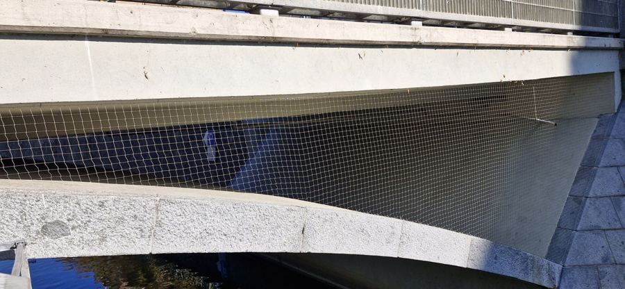 Síť proti ptactvu napnutá pod betonovou rampou