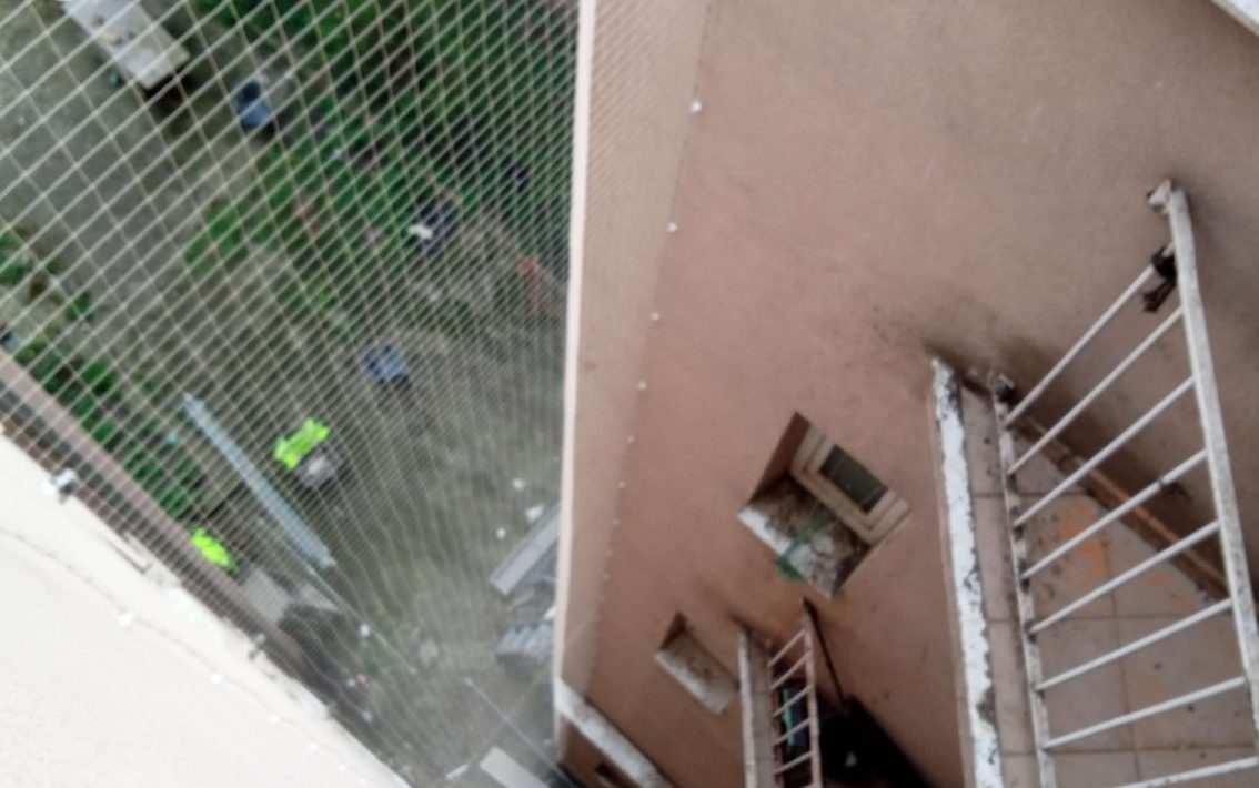 Pohled z balkonu přes ochrannou síť pro kočky